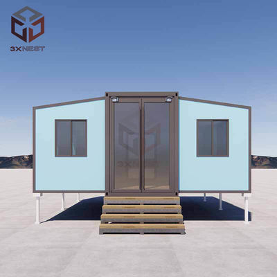 Nhà container cánh hai với ban công sàn gỗ dán đá gạch sandwich bảng