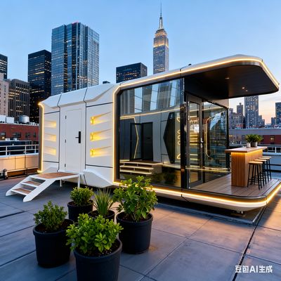 Space Capsule House Space-29 Mô hình với L8560 * W3460 * H3400 Kích thước và Một phòng ngủ Một phòng tắm Một ban công